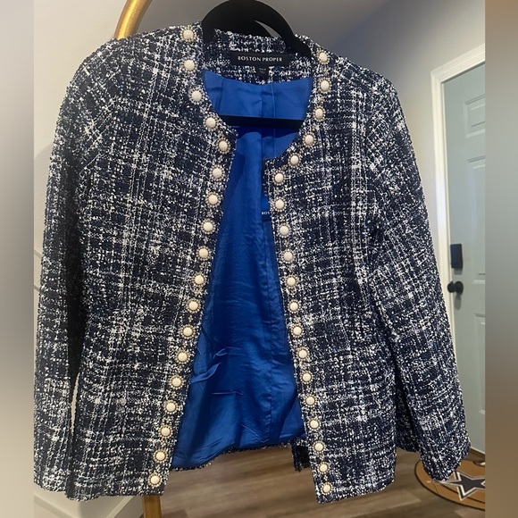 New Boston Proper Pearl Trim Tweed Parisian Jacket Navy Multi- Stunning - Picture 10 of 13